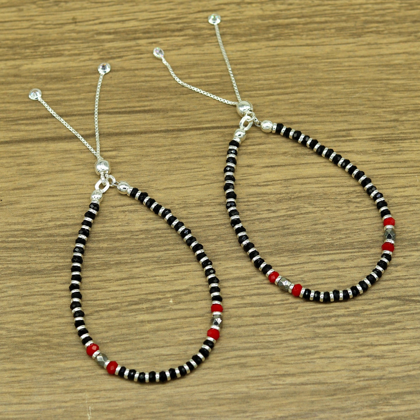 7" long 925 sterling silver gorgeous black and red beaded bracelet, charm bracelet, customized bracelet adjustable girl's jewelry sbr160 - TRIBAL ORNAMENTS