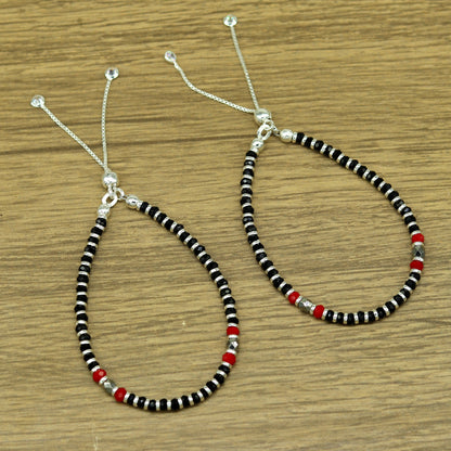 7" long 925 sterling silver gorgeous black and red beaded bracelet, charm bracelet, customized bracelet adjustable girl's jewelry sbr160 - TRIBAL ORNAMENTS