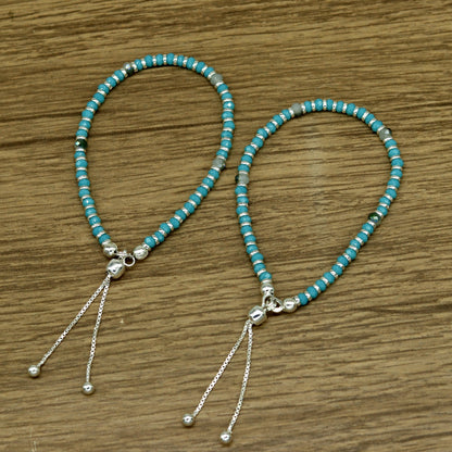 7" long 925 sterling silver gorgeous blue quartz beaded bracelet, charm bracelet, customized bracelet adjustable girl's jewelry sbr161 - TRIBAL ORNAMENTS