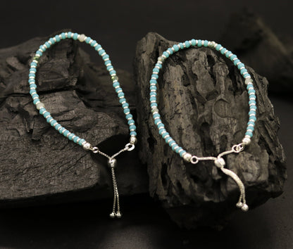 7" long 925 sterling silver gorgeous blue quartz beaded bracelet, charm bracelet, customized bracelet adjustable girl's jewelry sbr161 - TRIBAL ORNAMENTS