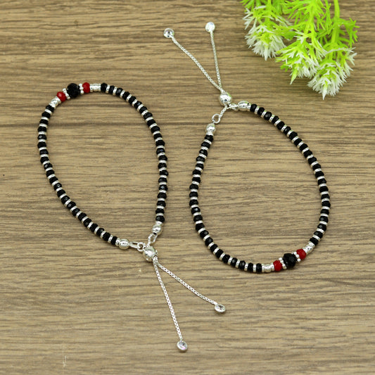 7" long 925 sterling silver gorgeous silver and black beads adjustable bracelet, charm bracelet, customized bracelet girl's jewelry sbr165 - TRIBAL ORNAMENTS