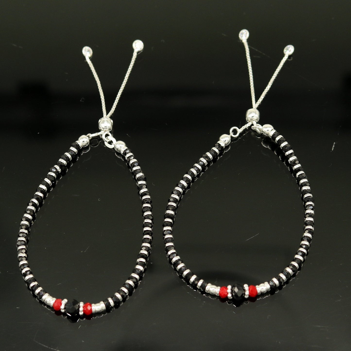 7" long 925 sterling silver gorgeous silver and black beads adjustable bracelet, charm bracelet, customized bracelet girl's jewelry sbr165 - TRIBAL ORNAMENTS