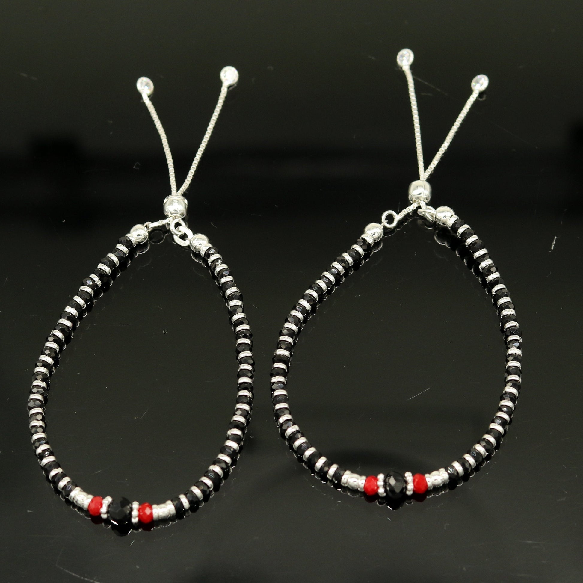 7" long 925 sterling silver gorgeous silver and black beads adjustable bracelet, charm bracelet, customized bracelet girl's jewelry sbr165 - TRIBAL ORNAMENTS