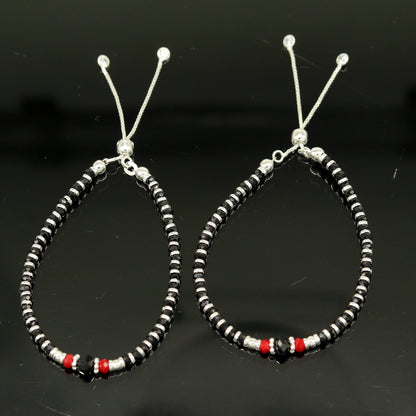7" long 925 sterling silver gorgeous silver and black beads adjustable bracelet, charm bracelet, customized bracelet girl's jewelry sbr165 - TRIBAL ORNAMENTS