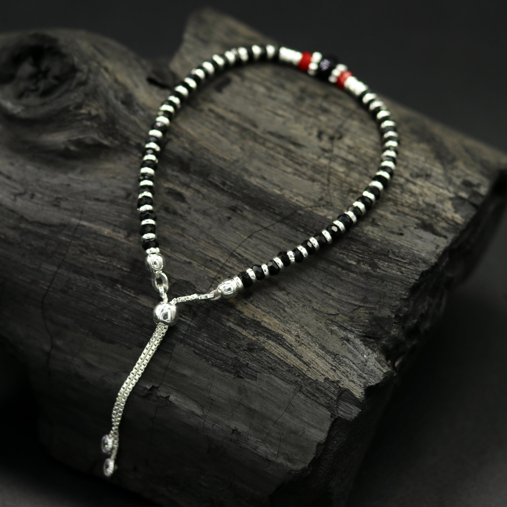 7" long 925 sterling silver gorgeous silver and black beads adjustable bracelet, charm bracelet, customized bracelet girl's jewelry sbr165 - TRIBAL ORNAMENTS