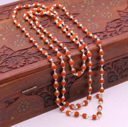 7 mm natural Rudraksha beads chain necklace with vintage sterling silver design, 108 beads for prayer and mantra japping jewelry.