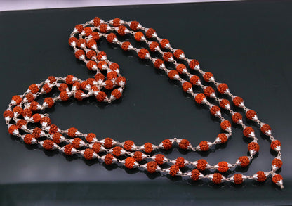 7 mm natural Rudraksha beads chain necklace with vintage sterling silver design, 108 beads for prayer and meditation jewelry.