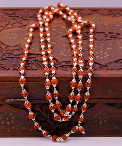 7 mm natural Rudraksha beads vintage sterling silver chain necklace for japping or mantra prayer, with 108 beads for spiritual jewelry.