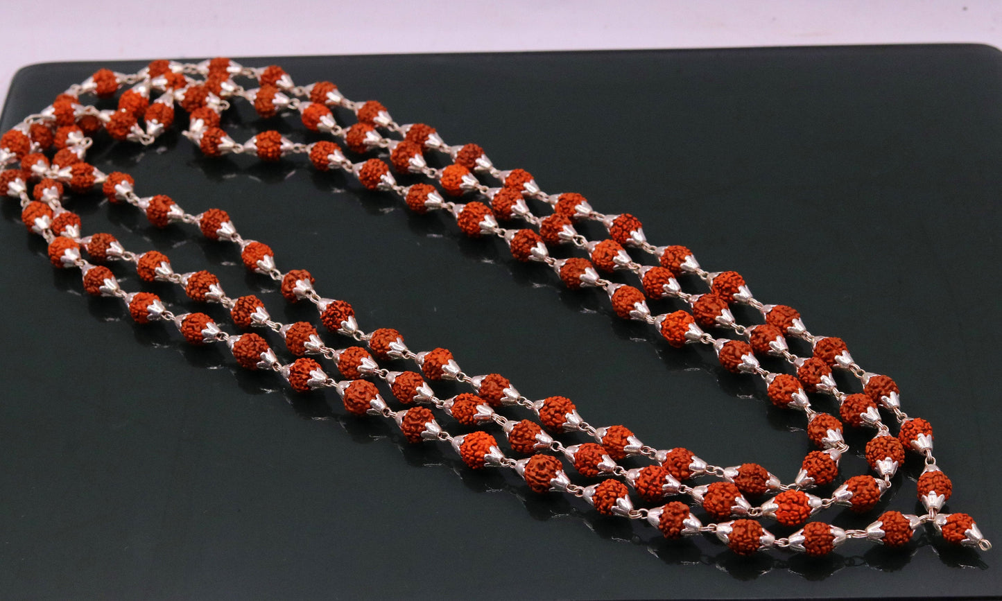 7 mm natural Rudraksha beads seeds Vintage design Sterling silver 108 beads chain necklace for japping mantra to pray the god jewelry ch61 - TRIBAL ORNAMENTS