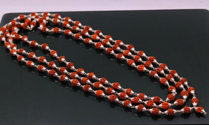 7 mm natural Rudraksha beads sterling silver chain necklace with vintage design, 108 beads for prayer and mantra japping jewelry.