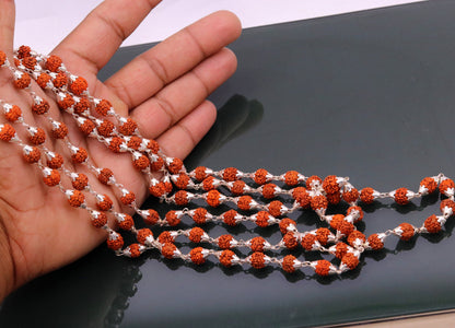 Natural 7mm Rudraksha beads sterling silver chain necklace with vintage design, 108 beads for prayer and mantra japping jewelry.