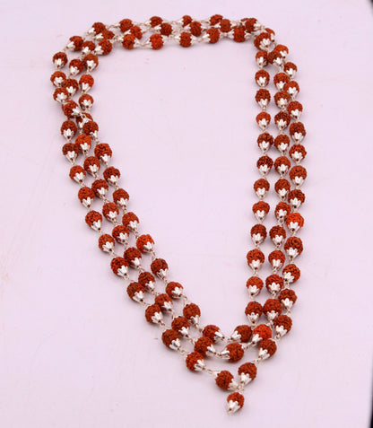 7 mm natural Rudraksha beads string necklace with vintage sterling silver design, ideal for prayer and mantra japping jewelry.
