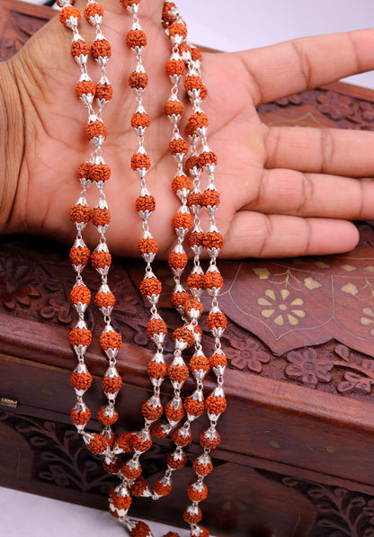 7 mm natural Rudraksha beads chain necklace with vintage sterling silver design, used for prayer and meditation jewelry.