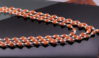 7 mm natural Rudraksha beads sterling silver chain necklace with vintage design, 108 beads for prayer and mantra japping.