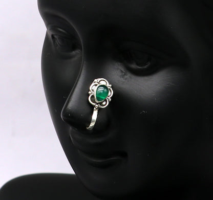 7mm 925 sterling silver single stone nose pin, clip on nose pin, customized flower designer nose plug ,best party wear fancy jewelry np112 - TRIBAL ORNAMENTS