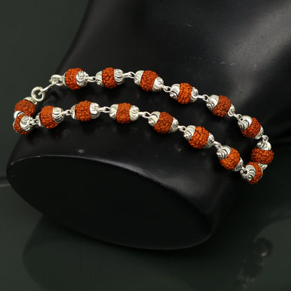 Unisex handmade 925 sterling silver Rudraksha beads bracelet with intricate detailing, perfect for personalized gifting and spiritual jewelry.