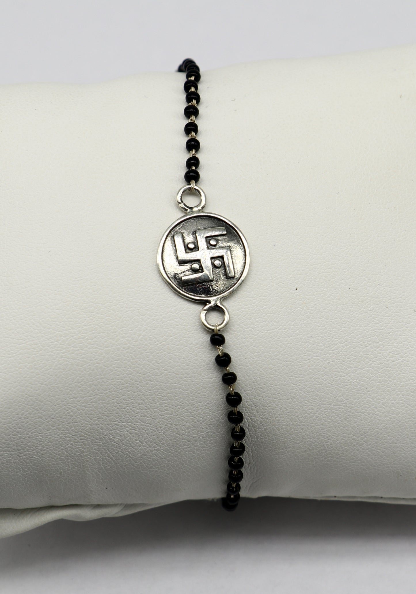 8.5" 925 Sterling silver customized black beaded Swastik Rakhi bracelet. best gift for your brother's for special occasion gifing rk17 - TRIBAL ORNAMENTS