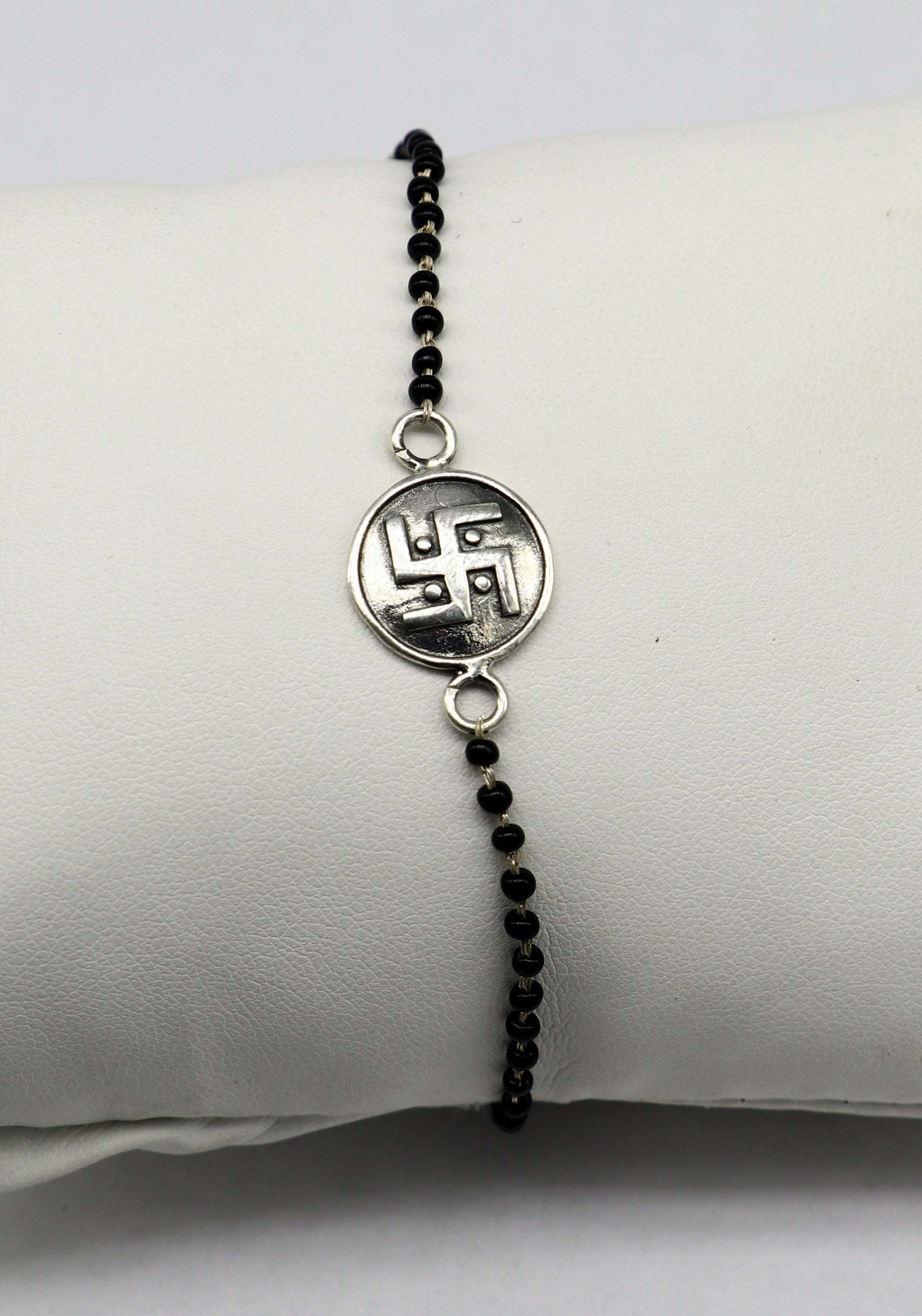 8.5" 925 Sterling silver customized black beaded Swastik Rakhi bracelet. best gift for your brother's for special occasion gifing rk17 - TRIBAL ORNAMENTS