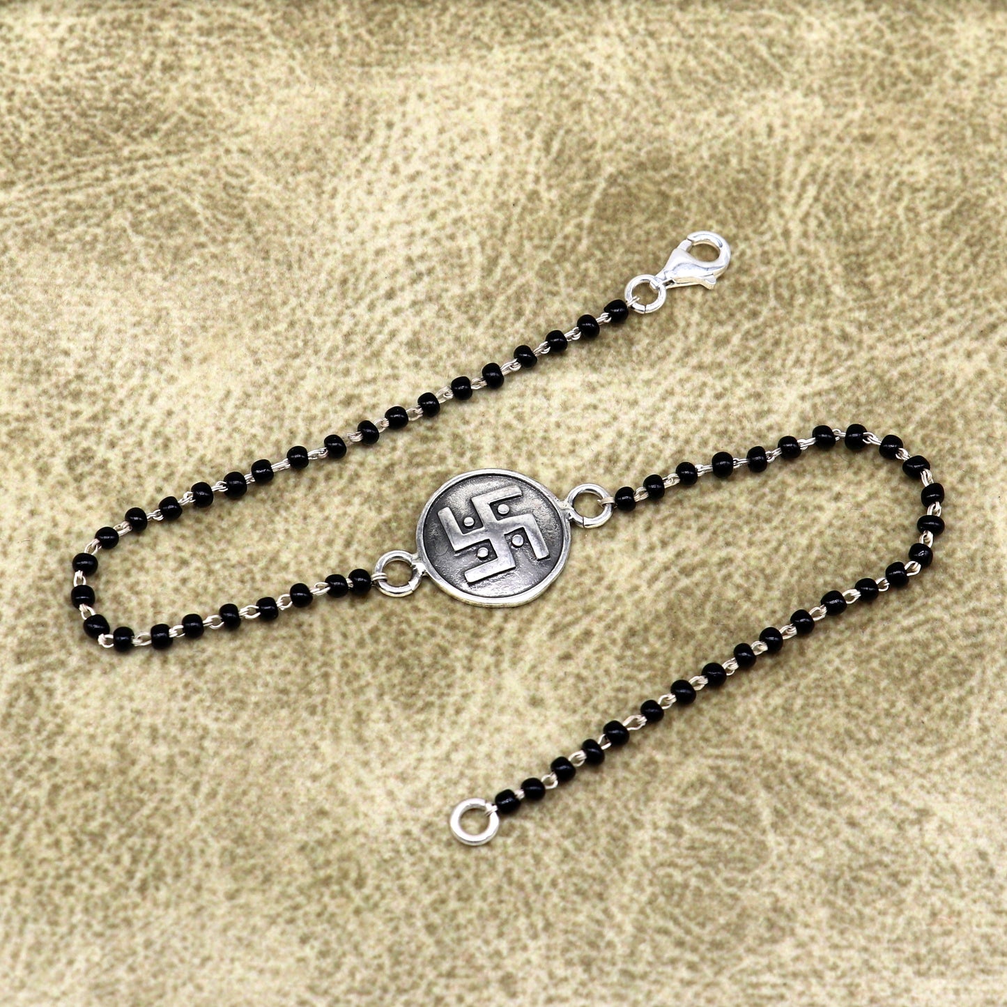 8.5" 925 Sterling silver customized black beaded Swastik Rakhi bracelet. best gift for your brother's for special occasion gifing rk17 - TRIBAL ORNAMENTS