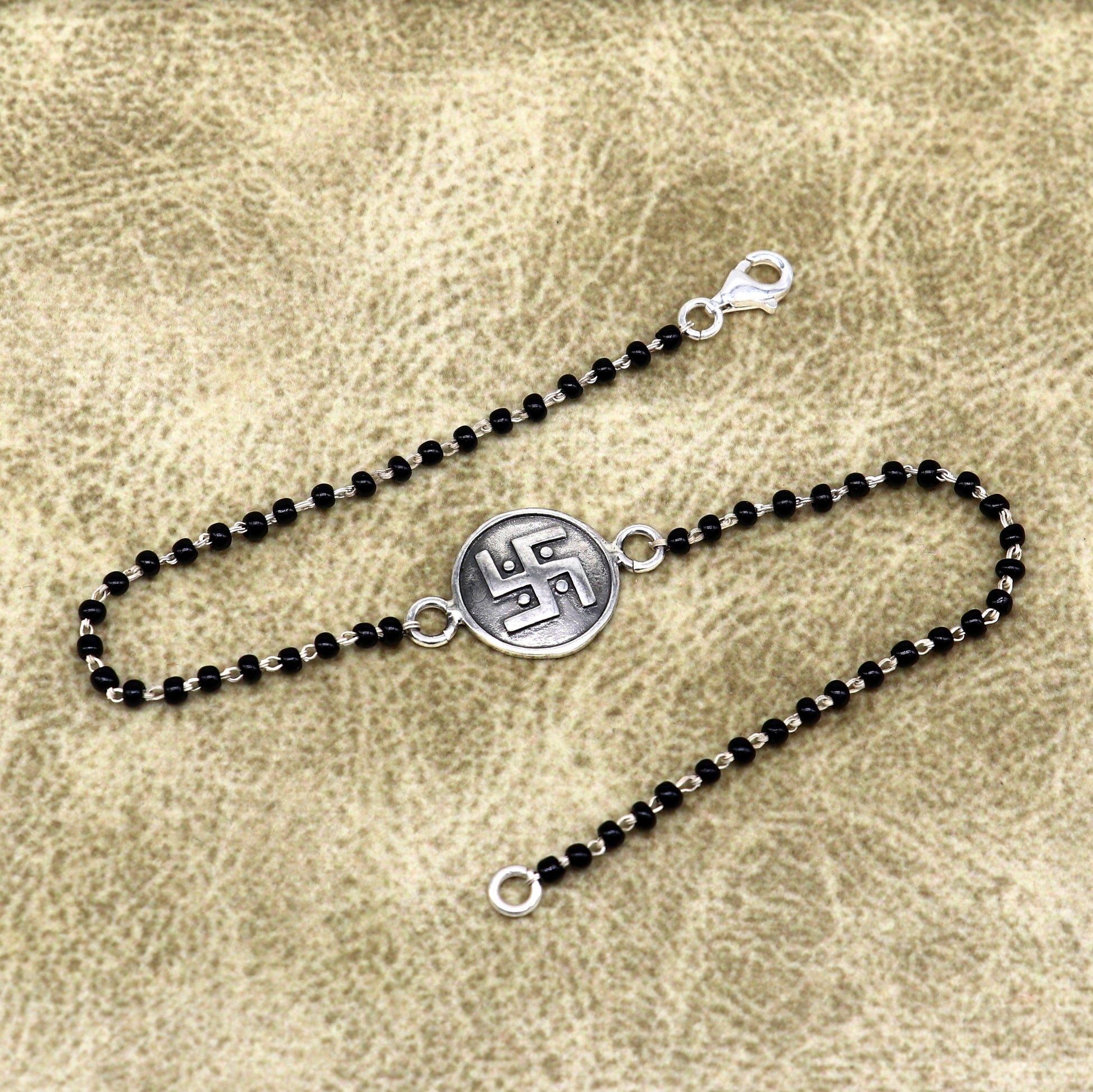 8.5" 925 Sterling silver customized black beaded Swastik Rakhi bracelet. best gift for your brother's for special occasion gifing rk17 - TRIBAL ORNAMENTS