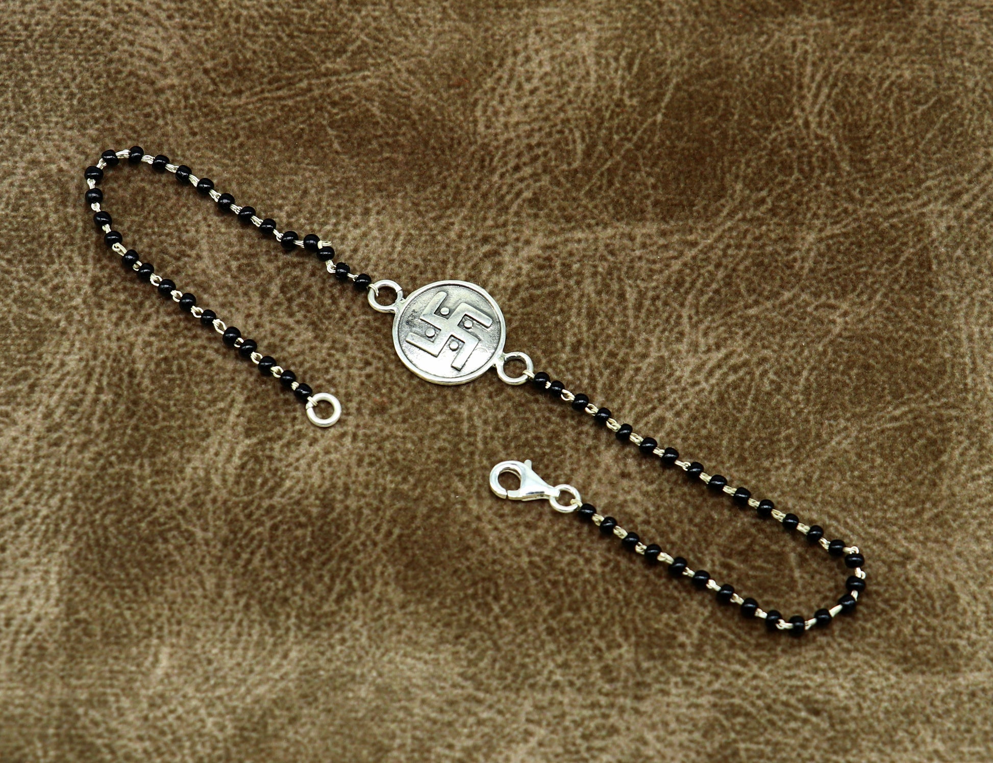 8.5" 925 Sterling silver customized black beaded Swastik Rakhi bracelet. best gift for your brother's for special occasion gifing rk17 - TRIBAL ORNAMENTS