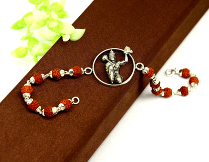 8.5-inch sterling silver Lord Hanuman beaded bracelet with Rudraksha beads, custom design by TRIBAL ORNAMENTS.