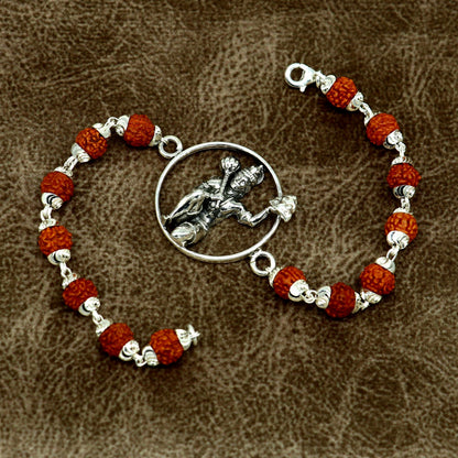 8.5-inch sterling silver Lord Hanuman beaded bracelet with rudraksha beads, customized design from TRIBAL ORNAMENTS.