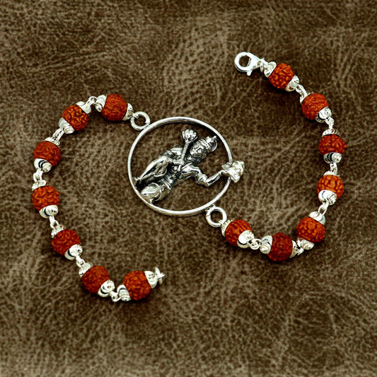 8.5-inch sterling silver Lord Hanuman beaded bracelet with rudraksha beads, customized design from TRIBAL ORNAMENTS.