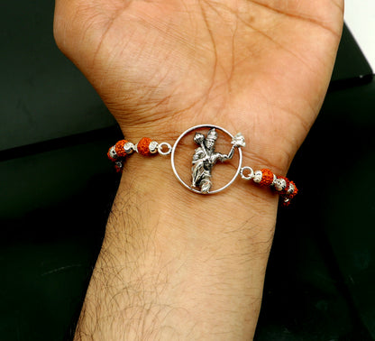 8.5-inch Sterling silver Lord Hanuman beaded bracelet with Rudraksha beads, custom design from Tribal Ornaments.