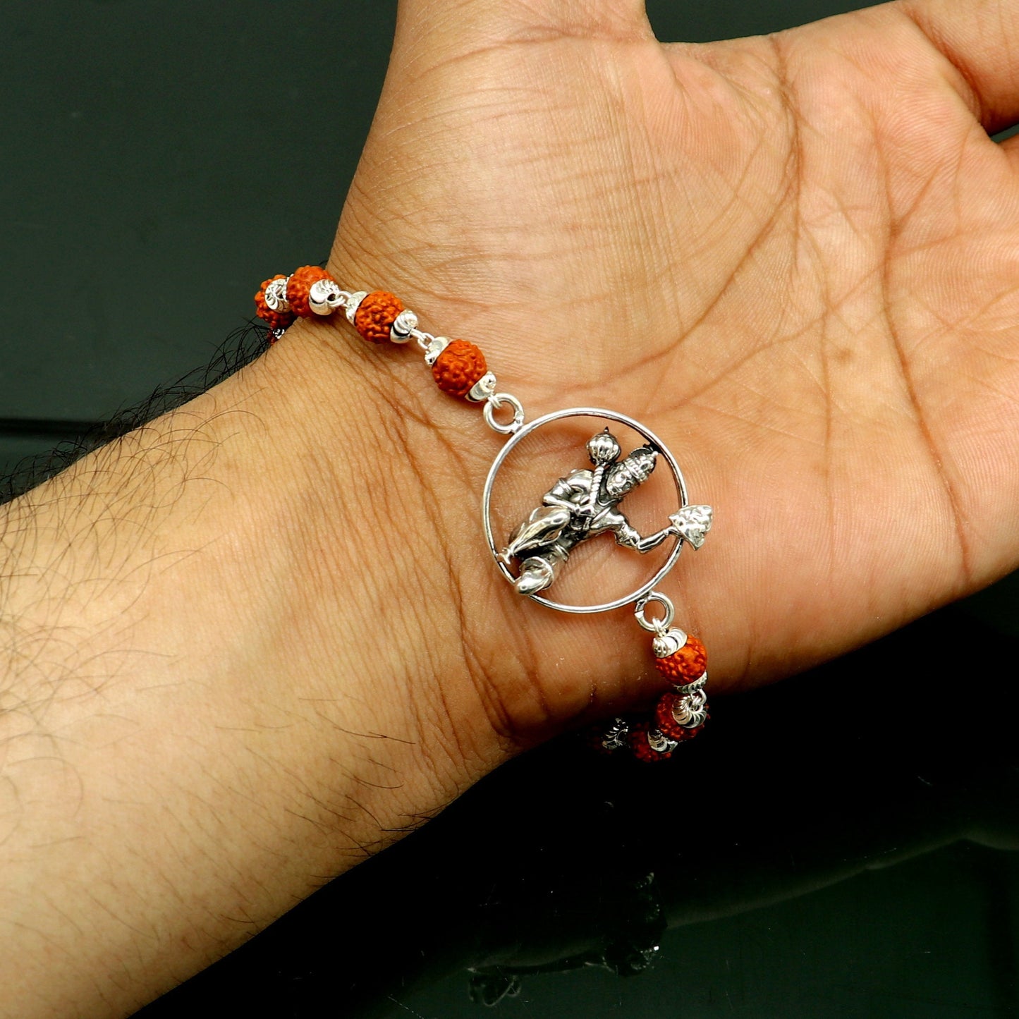 8.5" 925 Sterling silver customized rudraksha beaded Lord Hanuman Rakhi bracelet. best gift for your brother's of special Rakshabandhan rk06 - TRIBAL ORNAMENTS