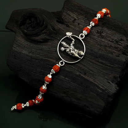 Sterling silver Lord Hanuman beaded bracelet with Rudraksha beads, custom design, 8.5-inch size by Tribal Ornaments.