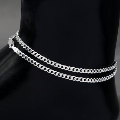 8.5-inch handmade 3mm sterling silver chain bracelet or anklet from TRIBAL ORNAMENTS, featuring intricate design for belly dance jewelry.