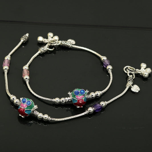 8.5" handmade solid silver customized design ankle bracelet, excellent personalized gifting kids girls anklets belly dance jewelry nank199 - TRIBAL ORNAMENTS