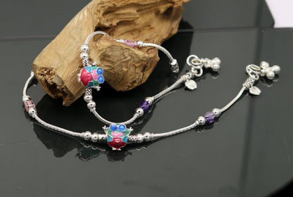 8.5" handmade solid silver customized design ankle bracelet, excellent personalized gifting kids girls anklets belly dance jewelry nank199 - TRIBAL ORNAMENTS