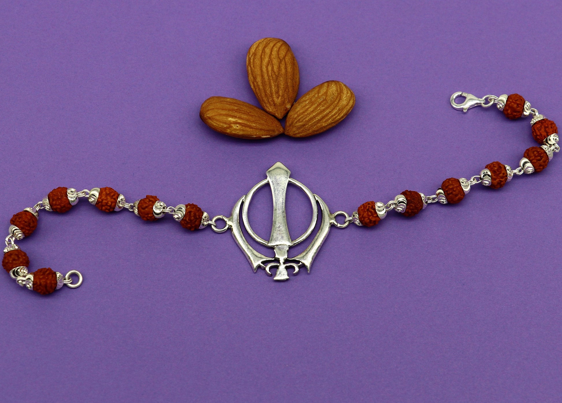 8.5 inches long handmade solid 925 sterling silver khalsa design tulsi beaded Rakhi Bracelet, special personalized Rakshabandhan gift rk14 - TRIBAL ORNAMENTS