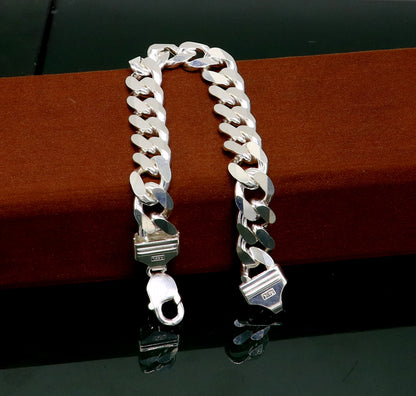 Solid 925 Sterling silver men's curb link bracelet by TRIBAL ORNAMENTS, customized, plain design, Indian-made designer jewelry.