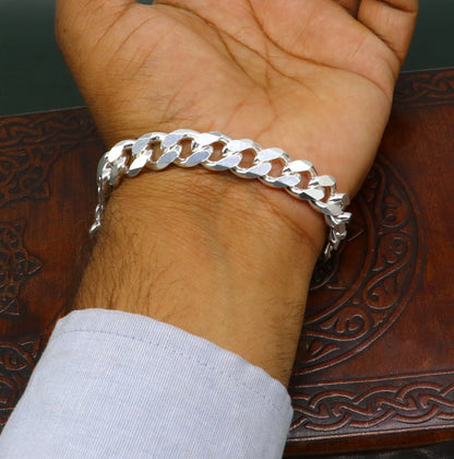 Solid 925 Sterling silver men's curb link bracelet by TRIBAL ORNAMENTS, customized plain design, Indian-made jewelry.