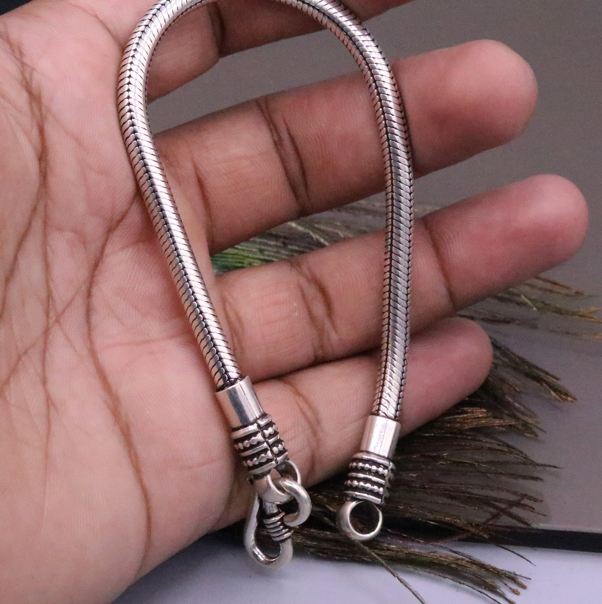 8.5-inch vintage-style handmade sterling silver snake chain bracelet from Rajasthan, India, featuring a flexible unisex design.