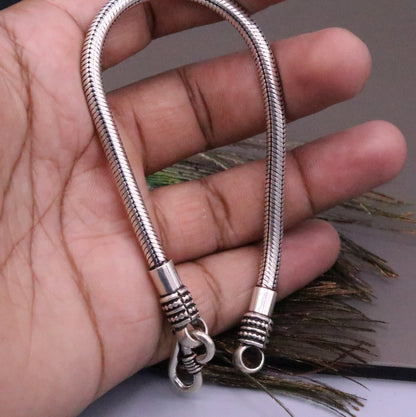 8.5-inch vintage-style handmade sterling silver snake chain bracelet from Rajasthan, India, featuring a flexible unisex design.