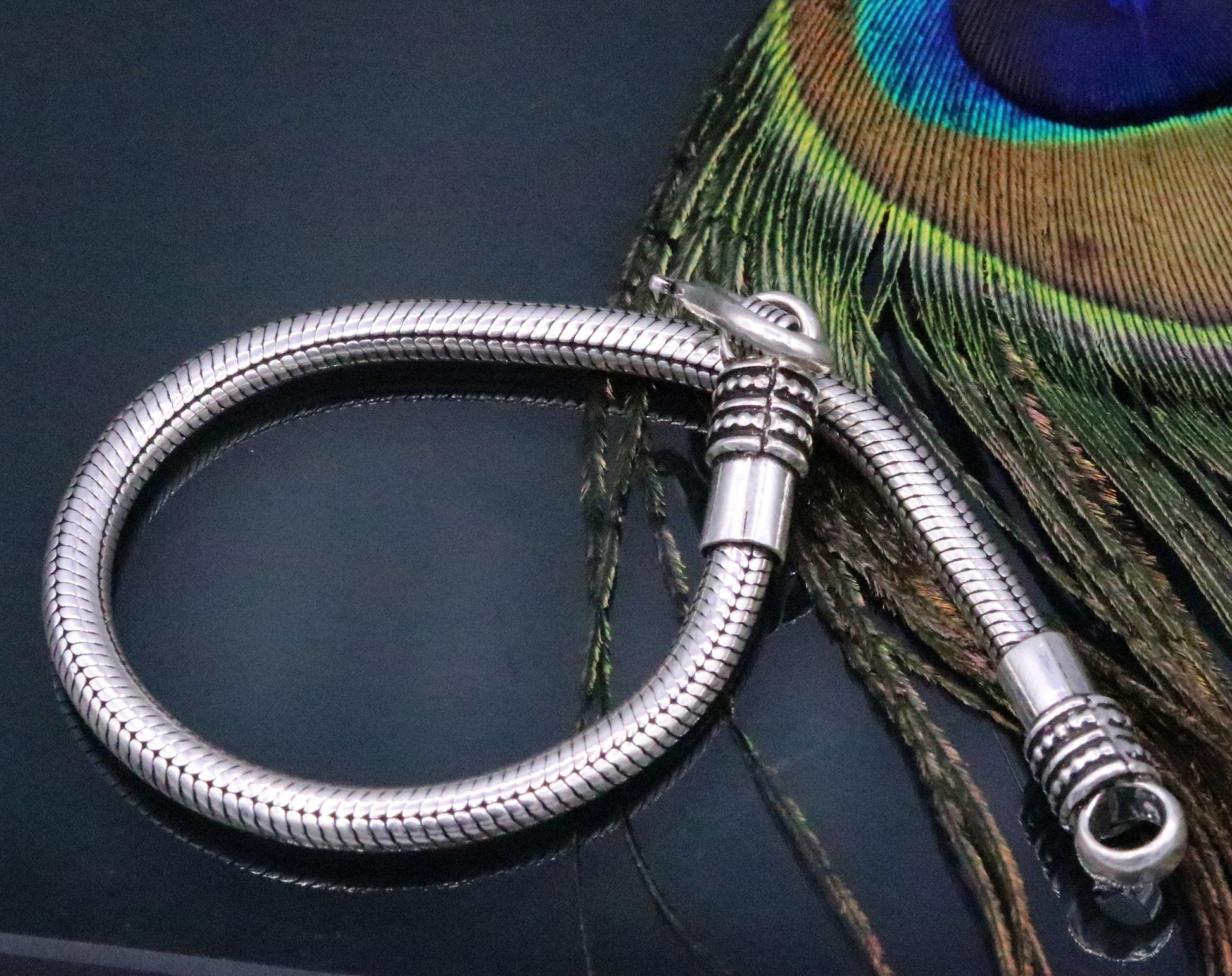 Vintage 8.5-inch handmade sterling silver snake chain bracelet from Rajasthan, unisex, flexible jewelry by Tribal Ornaments.
