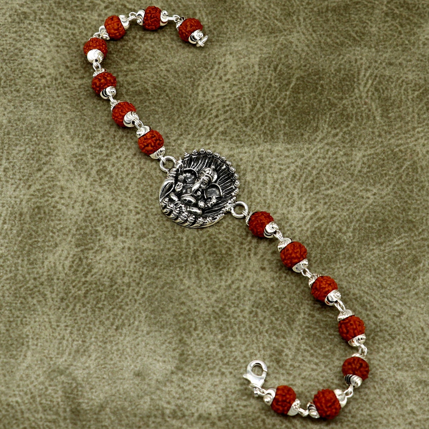 8" 925 Sterling silver customized rudraksha beaded Lord Ganesha Rakhi bracelet. best gift for your brother's of special Rakshabandhan rk07 - TRIBAL ORNAMENTS