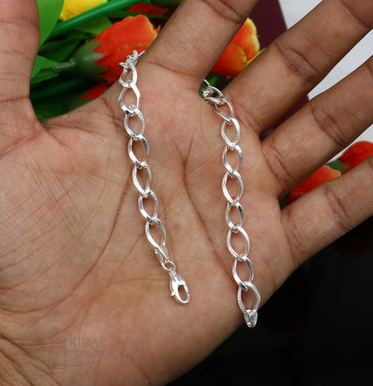 8-inch girl’s bracelet in 925 sterling silver, handmade stylish solid chain jewelry by TRIBAL ORNAMENTS, elegant gift accessory.