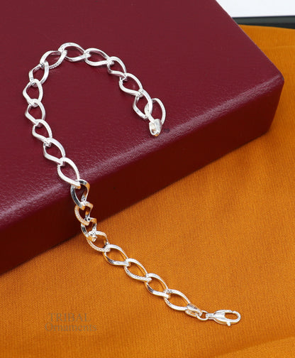 Sterling silver 8-inch girl's bracelet by TRIBAL ORNAMENTS featuring a handmade stylish solid chain design, elegant jewelry gift.