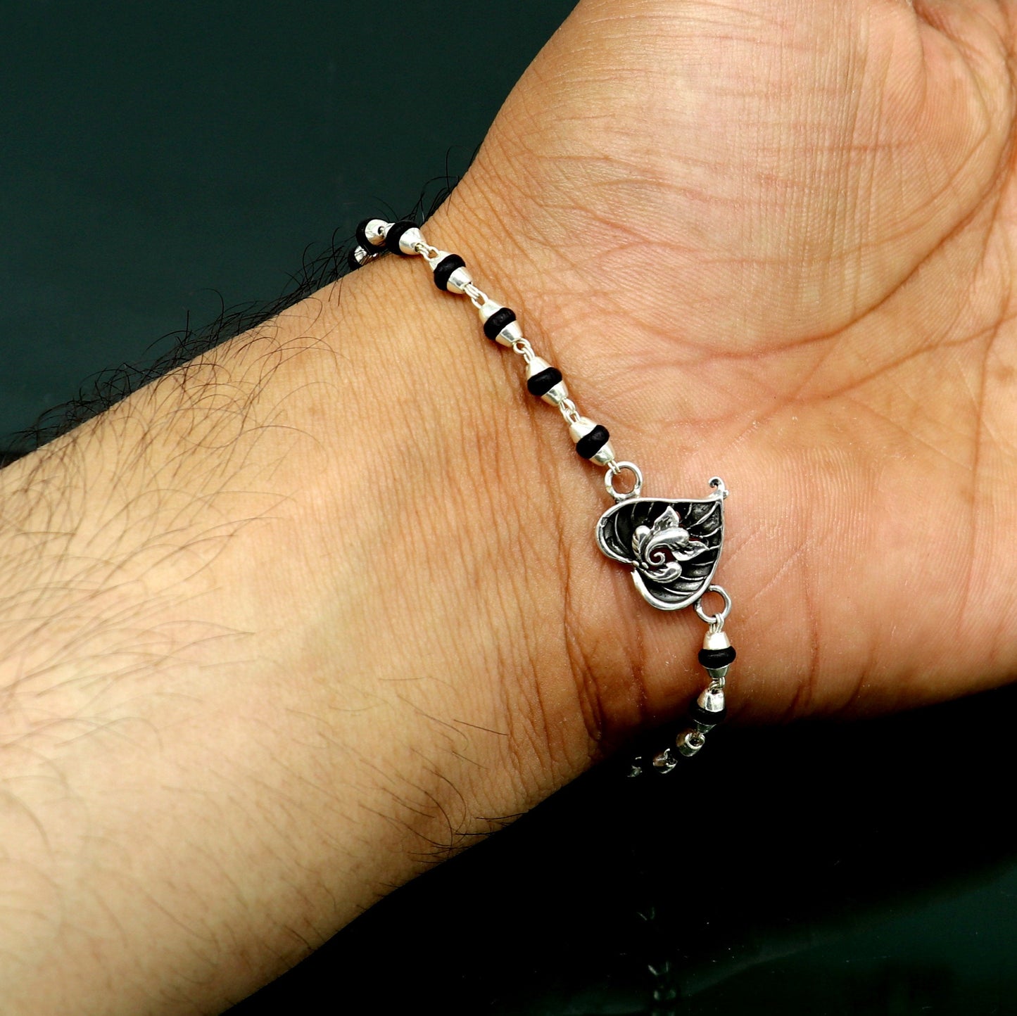 8 inches long handmade solid 925 sterling silver Ganesha design tulsi beaded Rakhi Bracelet, special personalized Rakshabandhan gift rk13 - TRIBAL ORNAMENTS