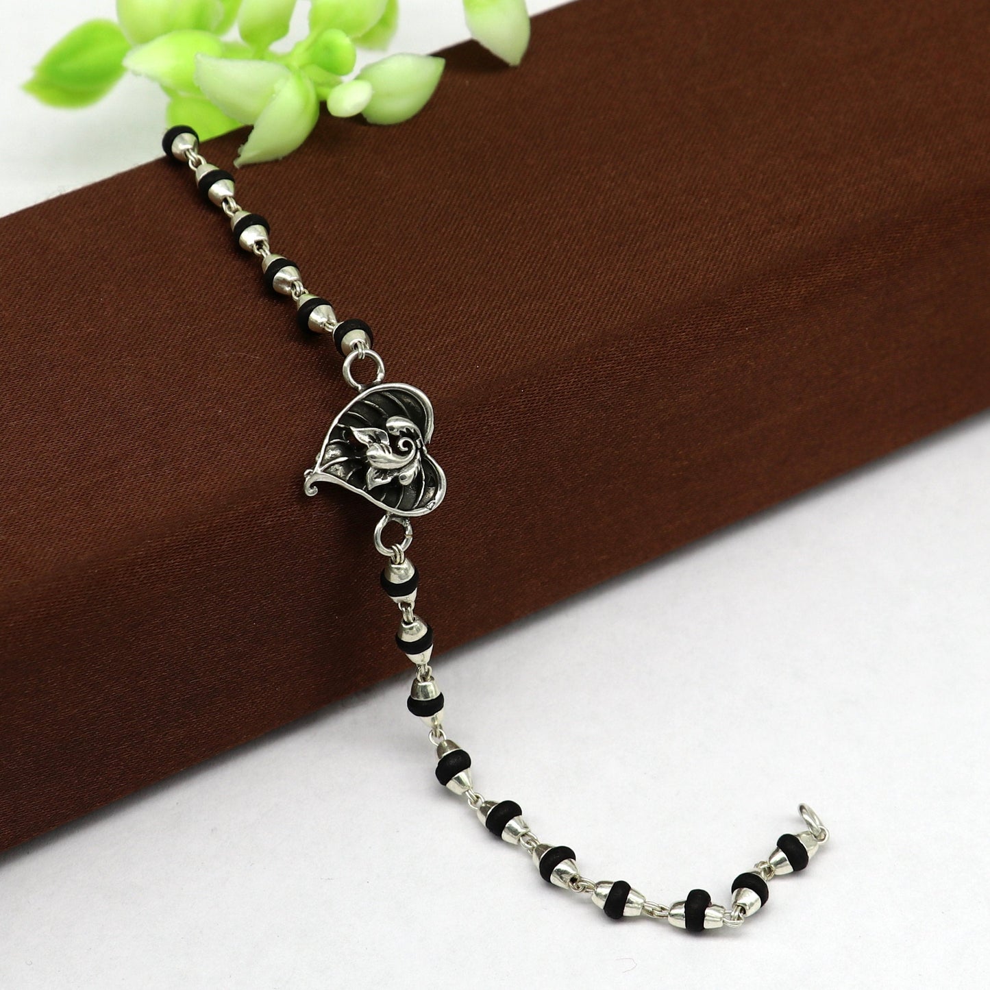 8 inches long handmade solid 925 sterling silver Ganesha design tulsi beaded Rakhi Bracelet, special personalized Rakshabandhan gift rk13 - TRIBAL ORNAMENTS