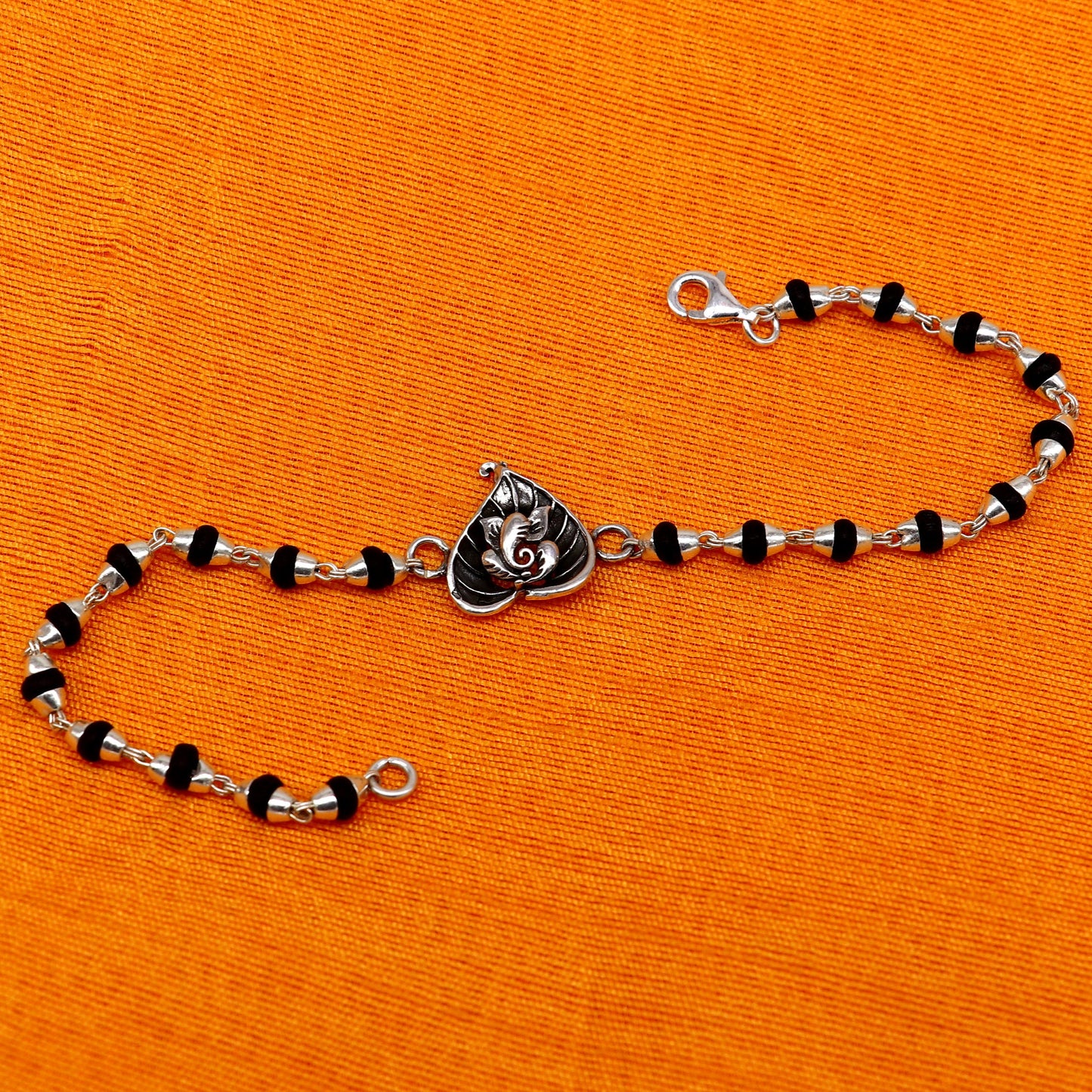 8 inches long handmade solid 925 sterling silver Ganesha design tulsi beaded Rakhi Bracelet, special personalized Rakshabandhan gift rk13 - TRIBAL ORNAMENTS
