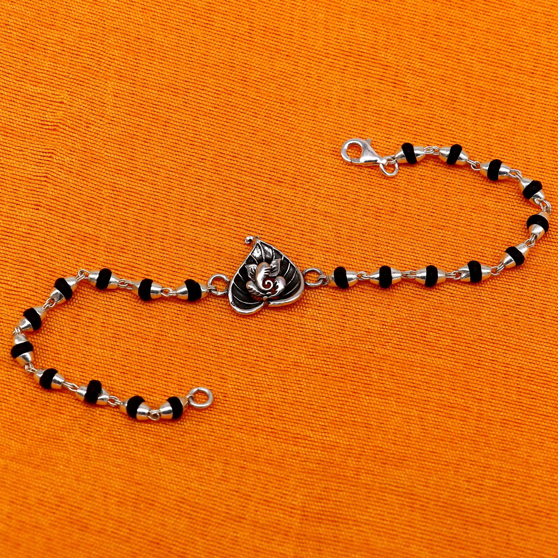 8 inches long handmade solid 925 sterling silver Ganesha design tulsi beaded Rakhi Bracelet, special personalized Rakshabandhan gift rk13 - TRIBAL ORNAMENTS
