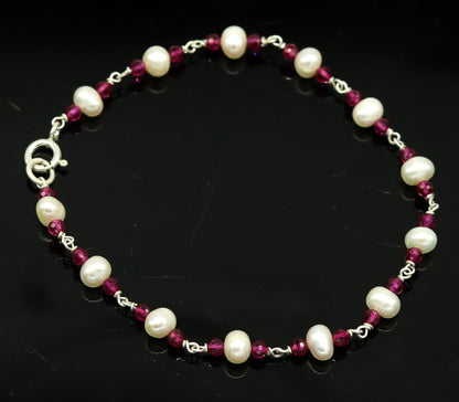 8" inches 925 sterling silver handmade customized beaded bracelet, excellent natural pearl unisex bracelet gifting jewelry for gir's nsbr187 - TRIBAL ORNAMENTS