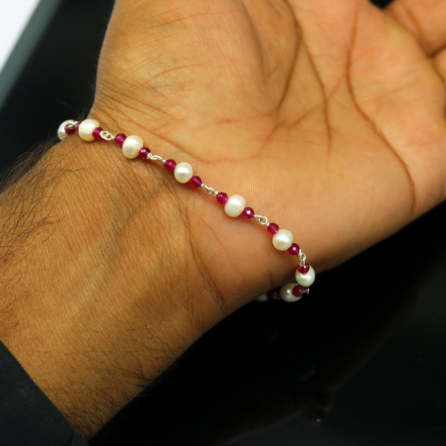 8" inches 925 sterling silver handmade customized beaded bracelet, excellent natural pearl unisex bracelet gifting jewelry for gir's nsbr187 - TRIBAL ORNAMENTS