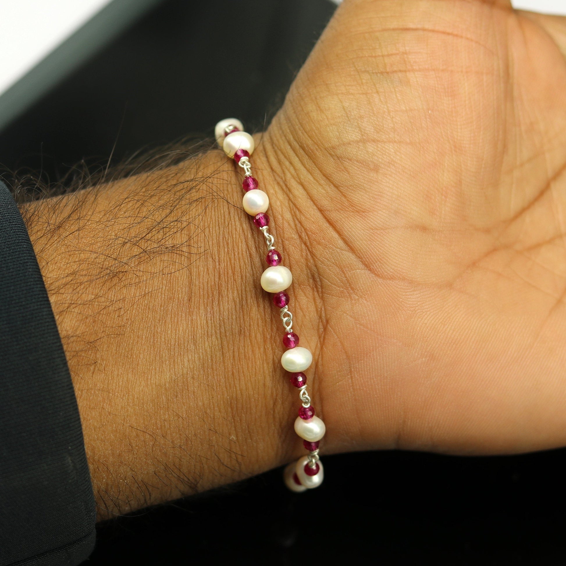 8" inches 925 sterling silver handmade customized beaded bracelet, excellent natural pearl unisex bracelet gifting jewelry for gir's nsbr187 - TRIBAL ORNAMENTS